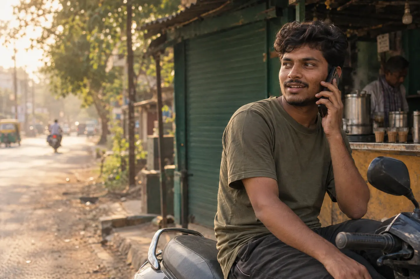 सड़क किनारे चाय की दुकान पर स्कूटर पर बैठा एक डिलीवरी राइडर, फ़ोन पर बात करते हुए।