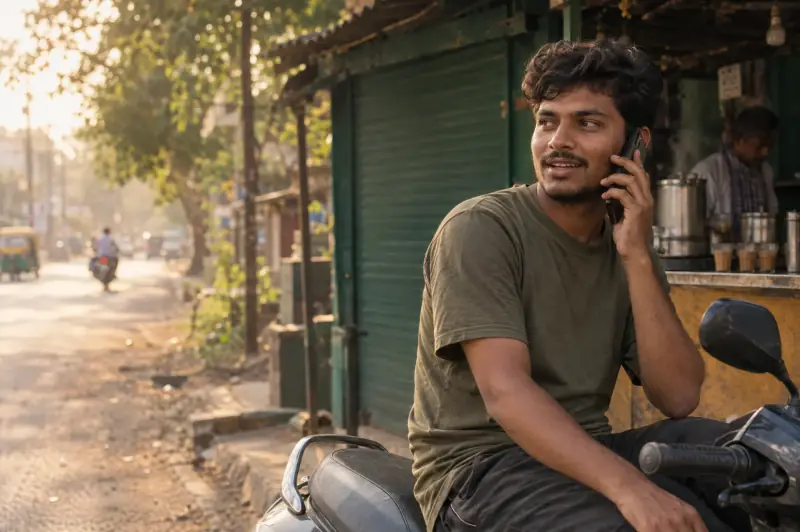 A young delivery rider on his scooter at a roadside tea stall, talking on his phone.