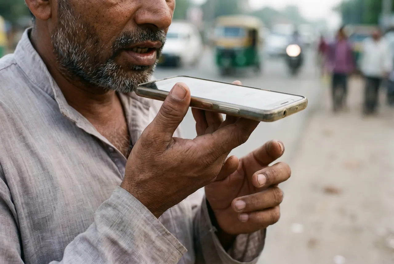 एक आदमी स्पीकर पर फ़ोन में बोल रहा है।