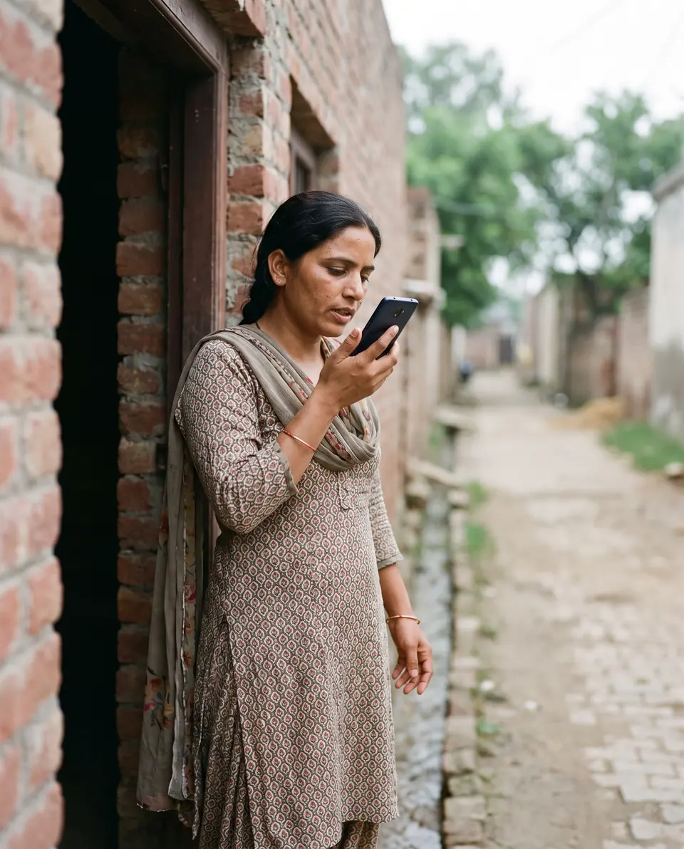 एक महिला पतली गली में अपने घर के दरवाज़े पर खड़ी होकर फ़ोन में बोल रही हैं।