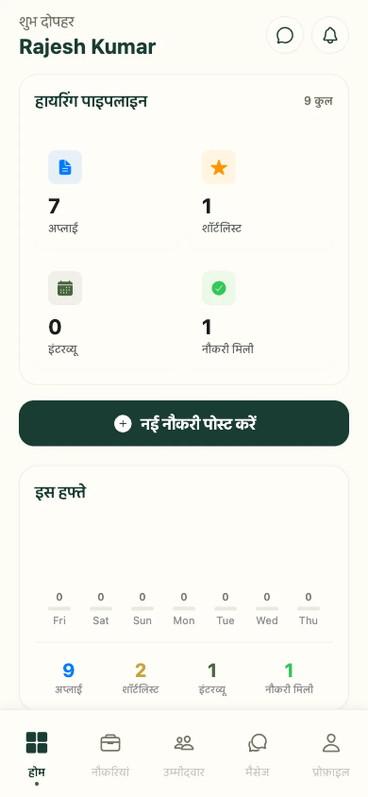 The employer home screen in Hindi: a hiring pipeline with 7 applied, 1 shortlisted and 1 hired, and a button to post a new job.
