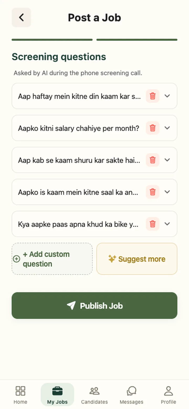 Post a Job, step 2: five suggested screening questions in Hinglish, with buttons to add a custom question, suggest more, or publish.