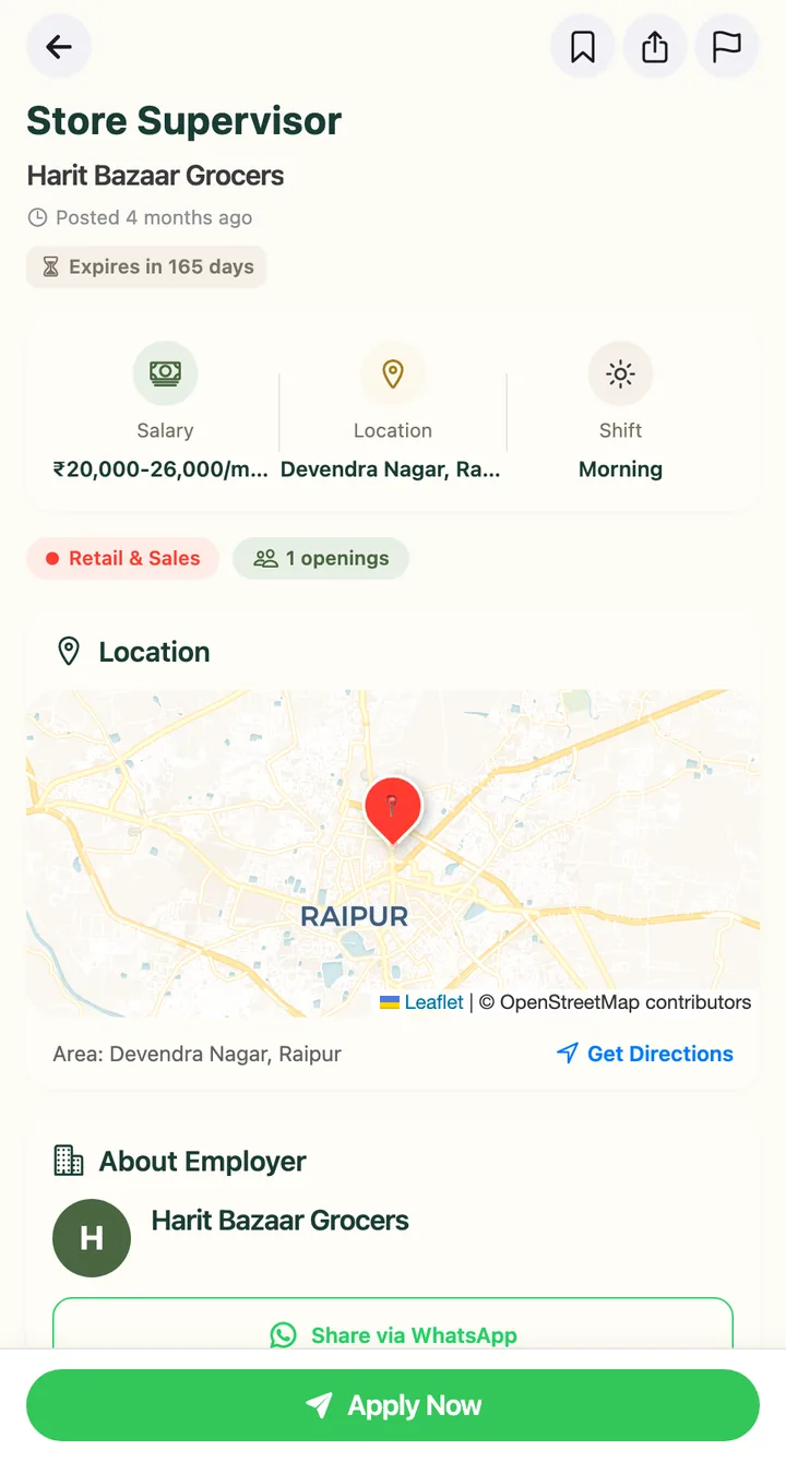 Job detail: Store Supervisor at Harit Bazaar Grocers, ₹20,000 to 26,000 a month, Devendra Nagar, Raipur, with a map and an Apply Now button.