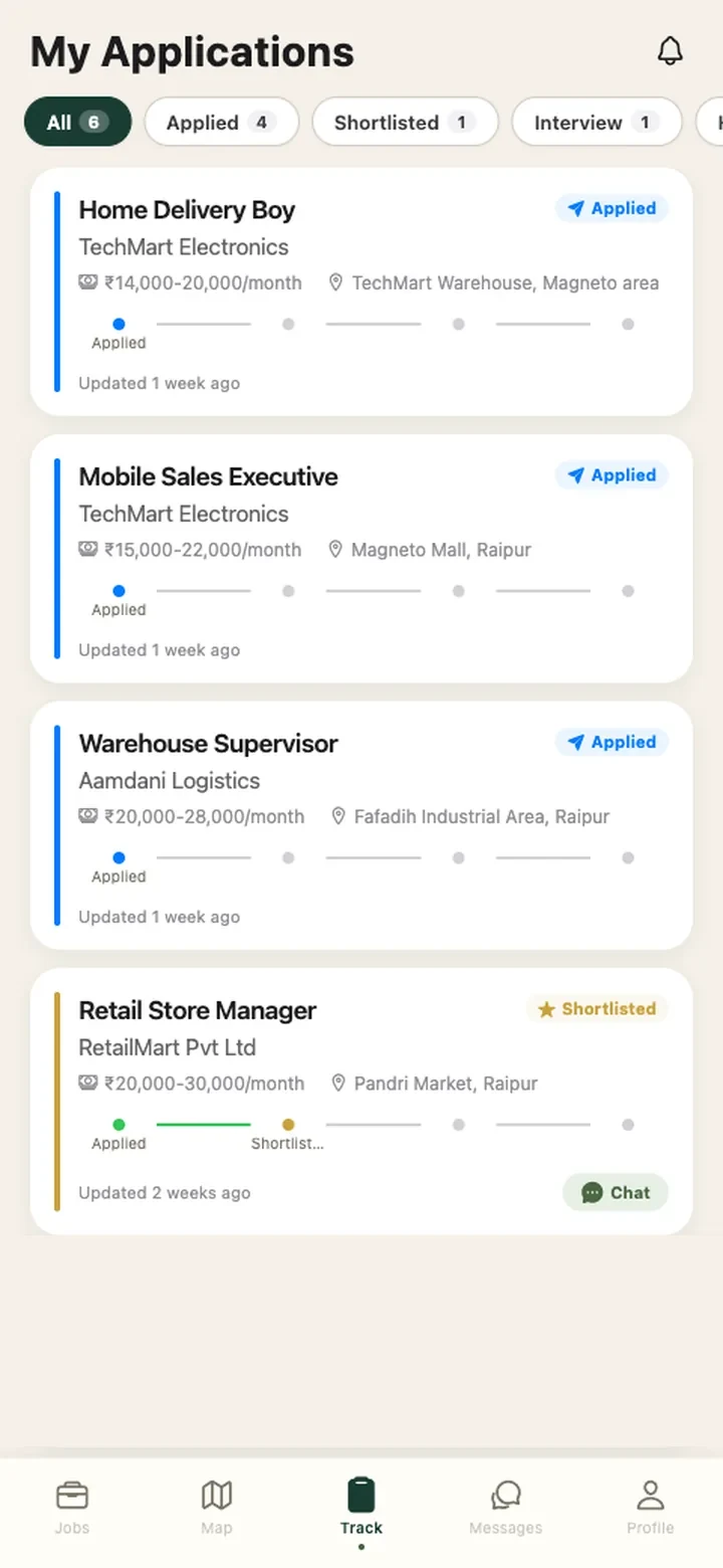 My Applications: jobs marked Applied and Shortlisted, with a chat button on the shortlisted one.